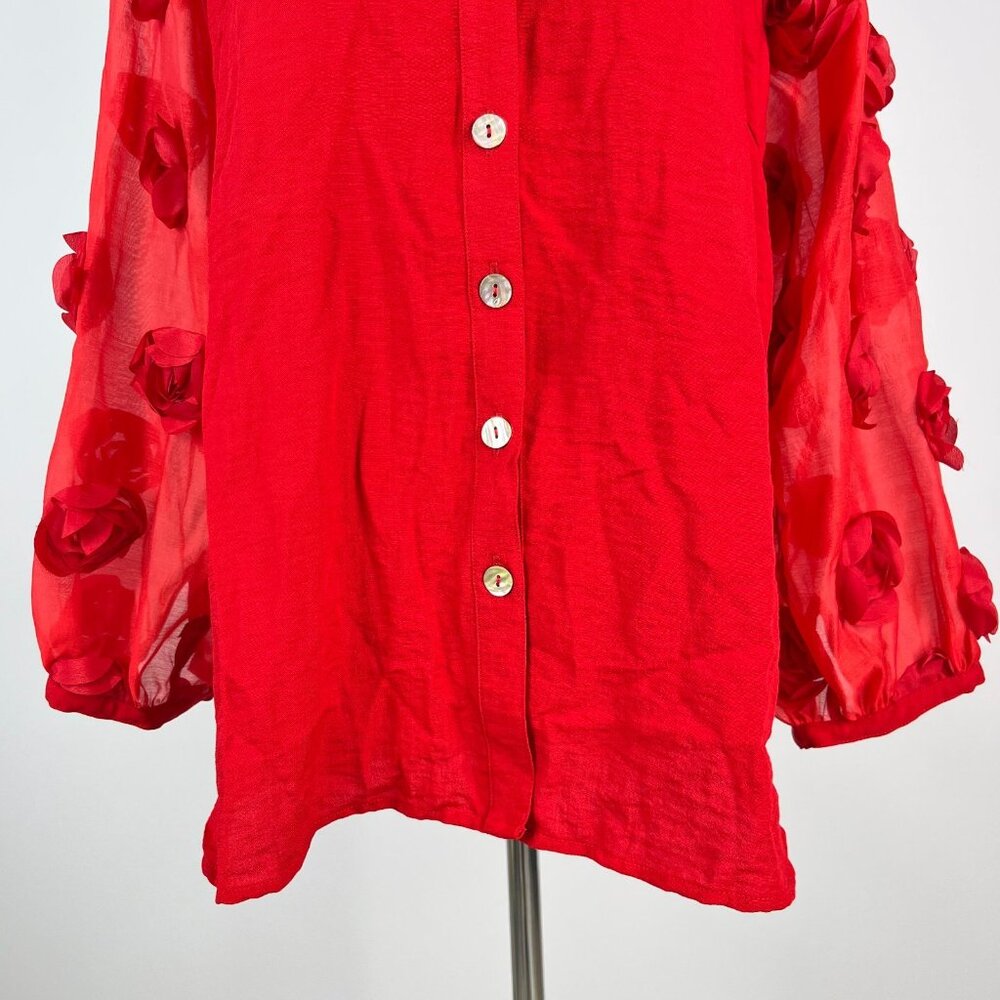 NWOT John Mark Scarlet Red Rosette Applique Sheer Balloon 3/4 Sleeve Blouse XL - Picture 4 of 14